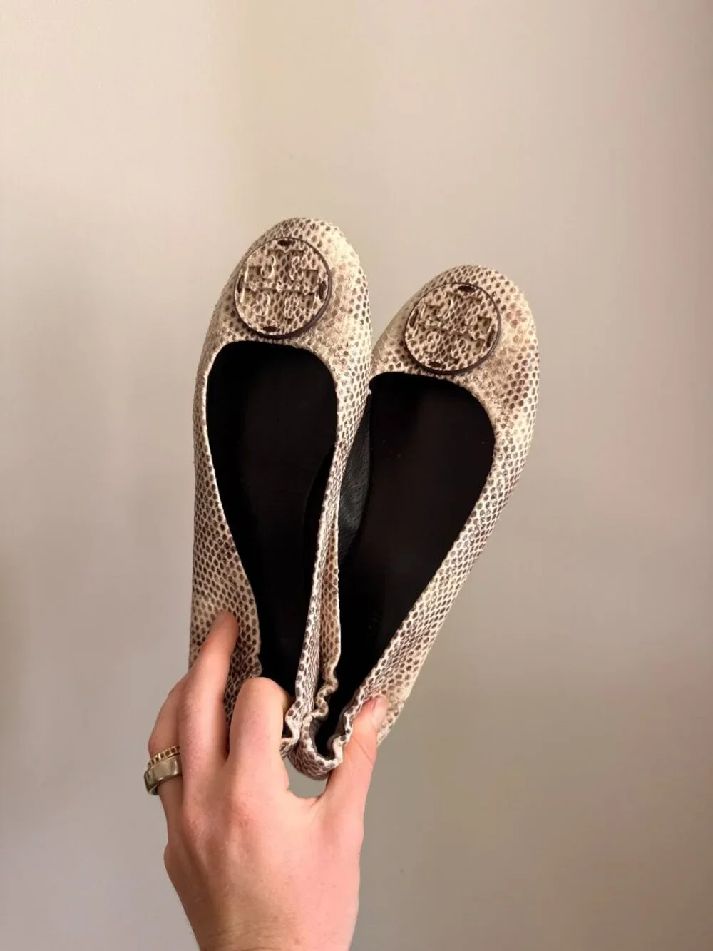 Tory Burch Reva Snake Print Leather Logo Ballet Flats 6 1/2